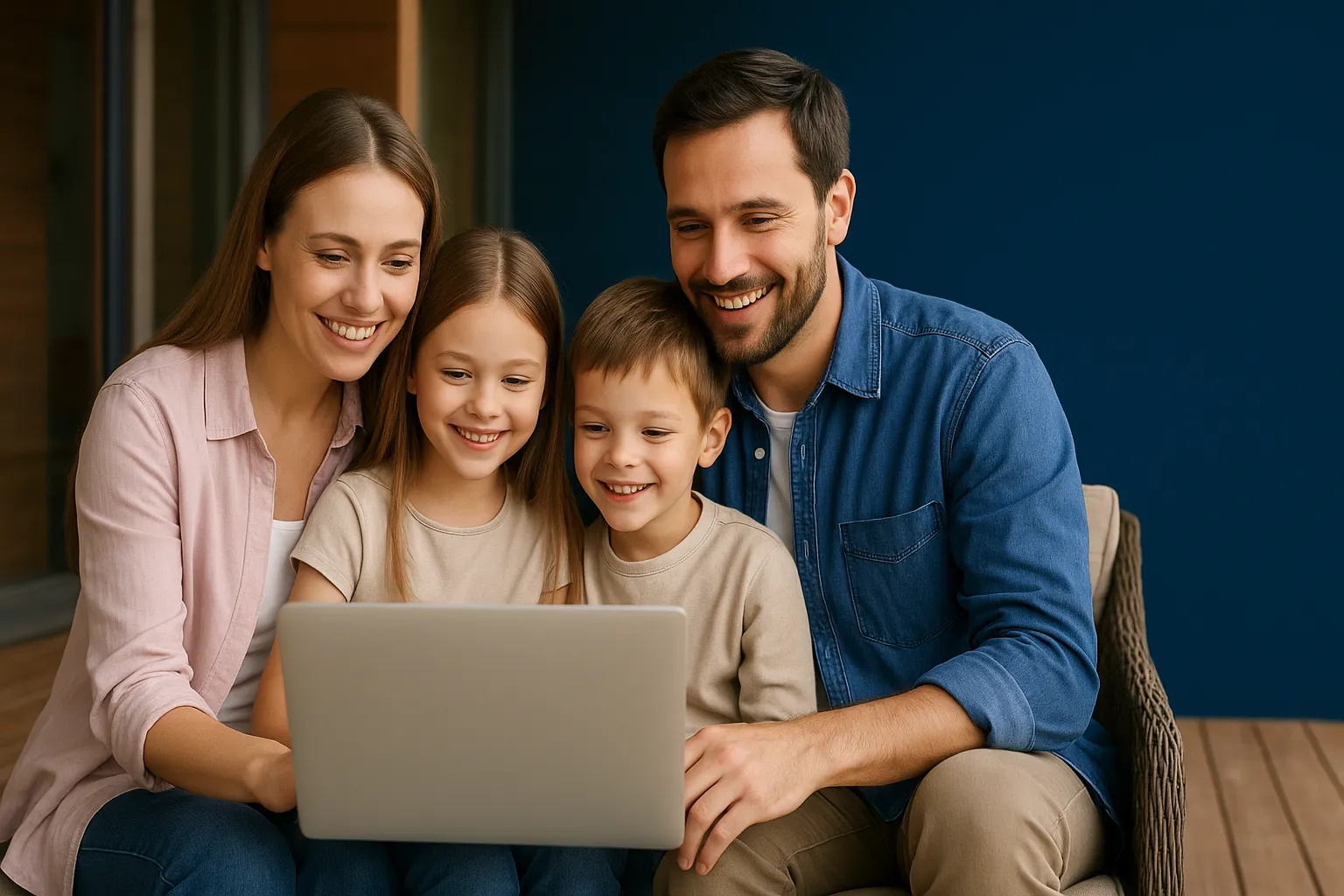 Фото счастливой семьи с ноутбуком на веранде или крупный план современной тарелки