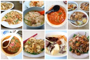 Signature dishes from best Georgetown Penang restaurants: char koay teow noodles, Assam laksa soup, and roasted duck