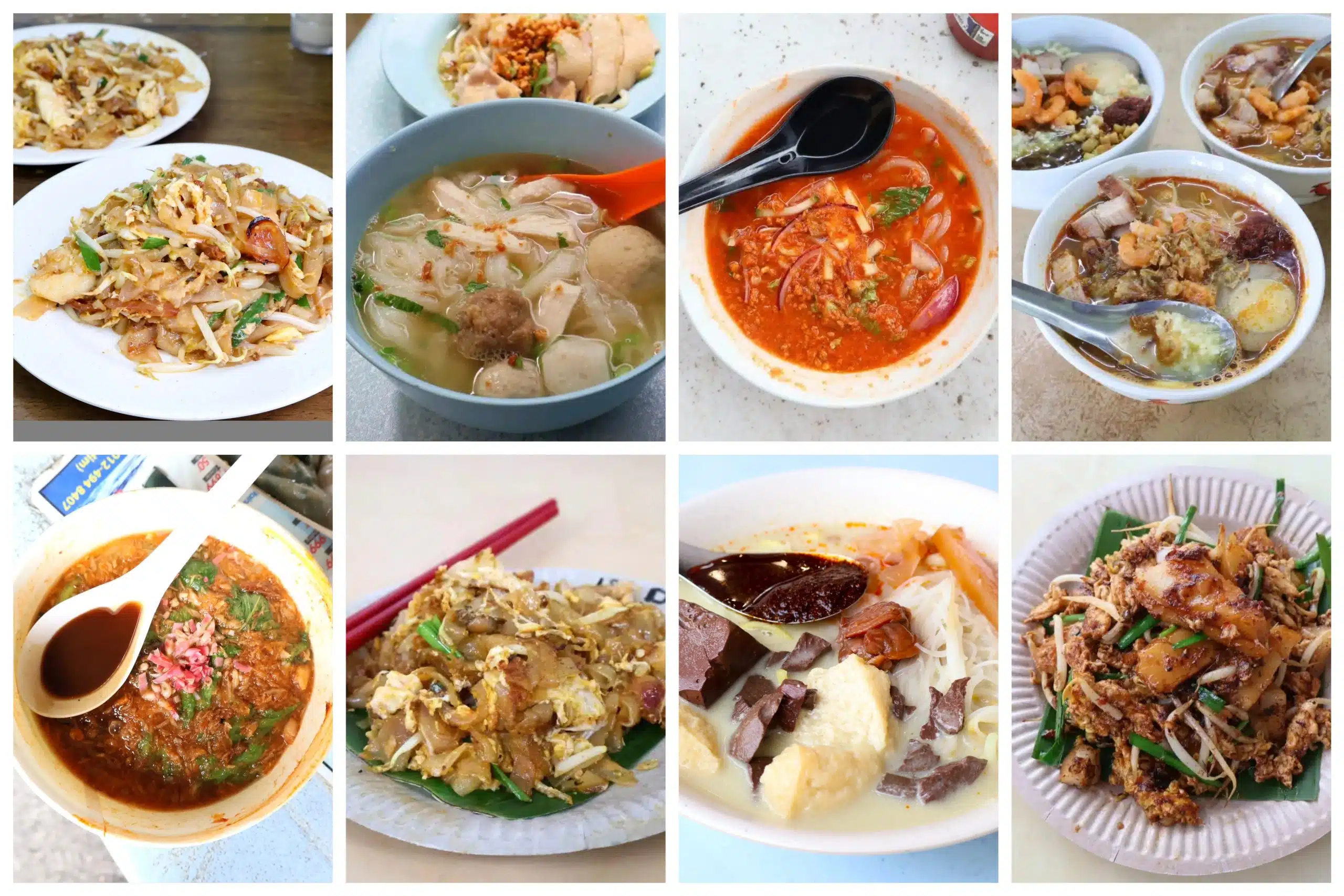 Signature dishes from best Georgetown Penang restaurants: char koay teow noodles, Assam laksa soup, and roasted duck