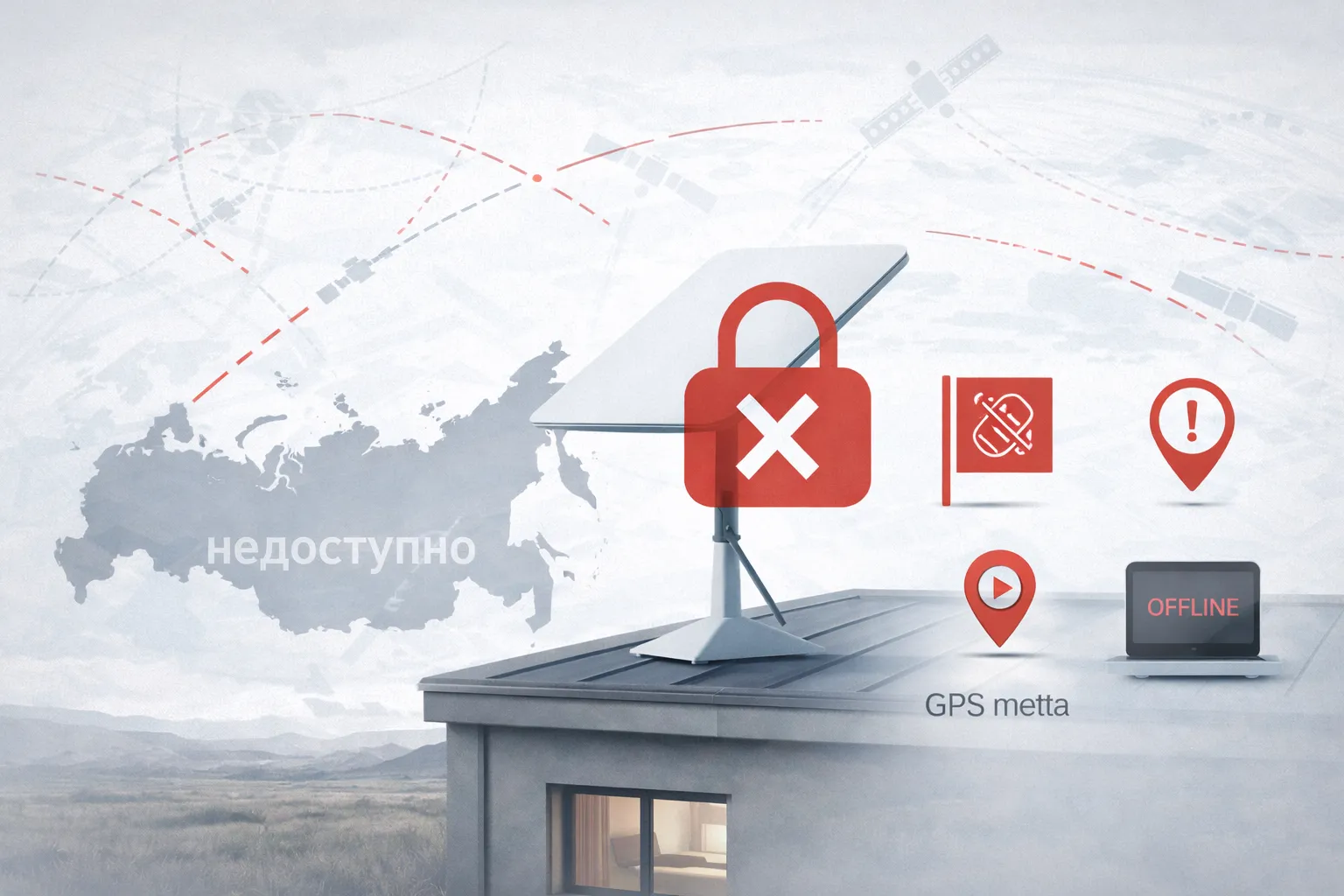 Спутниковая тарелка Starlink с красным крестом блокировки на фоне карты России и СНГ