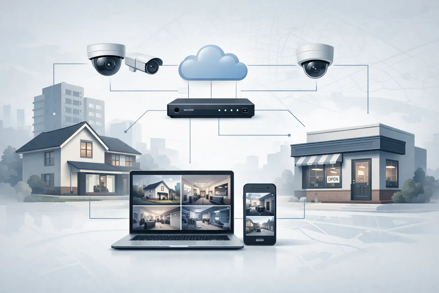 Схема системы видеонаблюдения для дома и бизнеса с локальным и облачным хранением и удалённым доступом