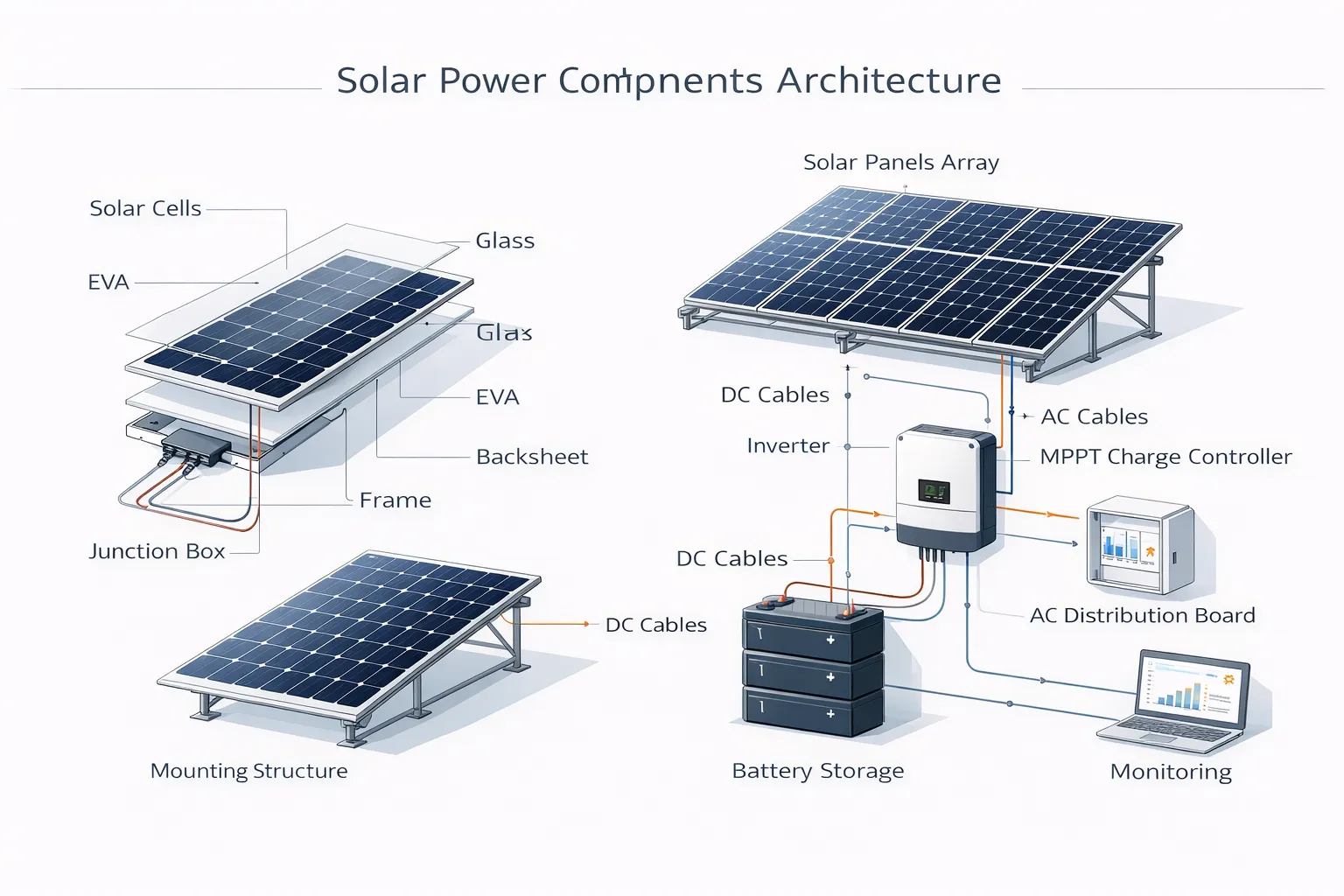 Комплектующие солнечных панелей и СЭС: схема компонентов солнечной электростанции