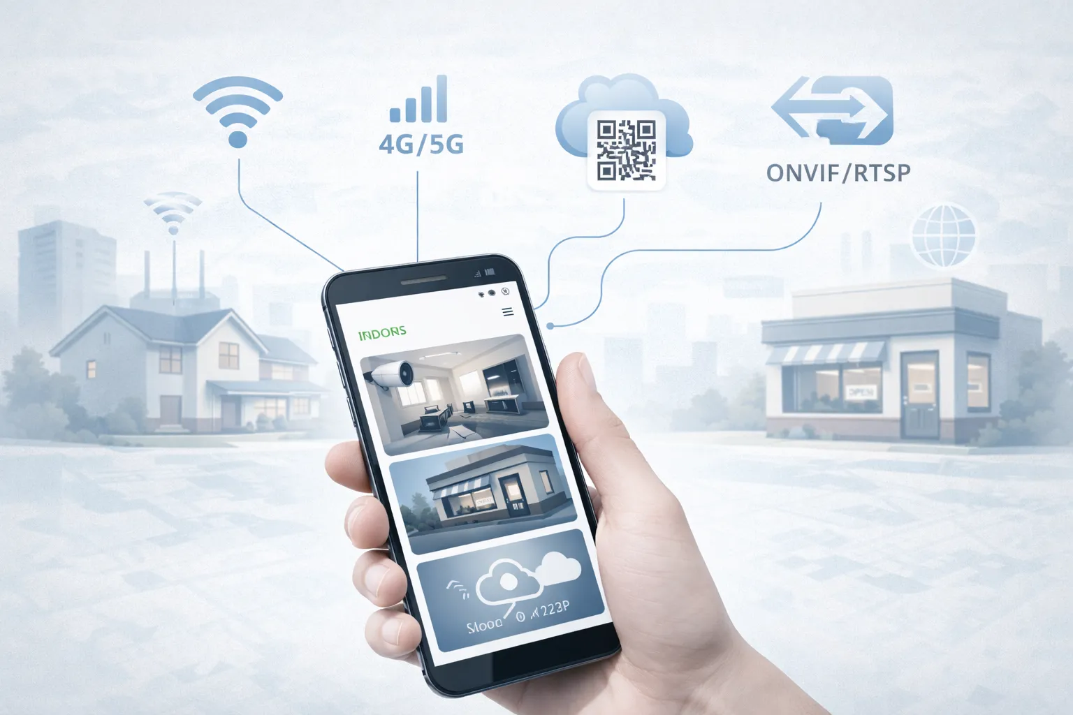 Android смартфон показывает видеопотоки IP-камер: домашняя камера, офис, облако и ONVIF/RTSP подключение