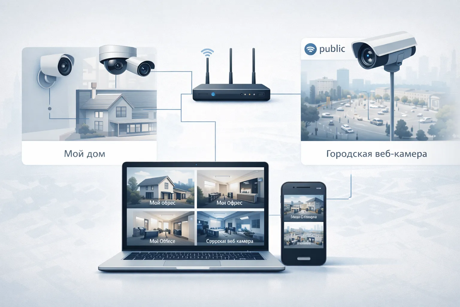 Схема онлайн‑просмотра камер видеонаблюдения: свои камеры, публичные веб‑камеры и доступ через интернет со смартфона и компьютера