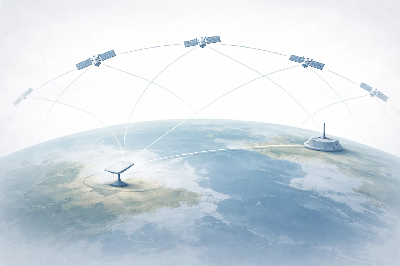 Иллюстрация принципа работы спутникового интернета Starlink с низкоорбитальными спутниками и наземной станцией
