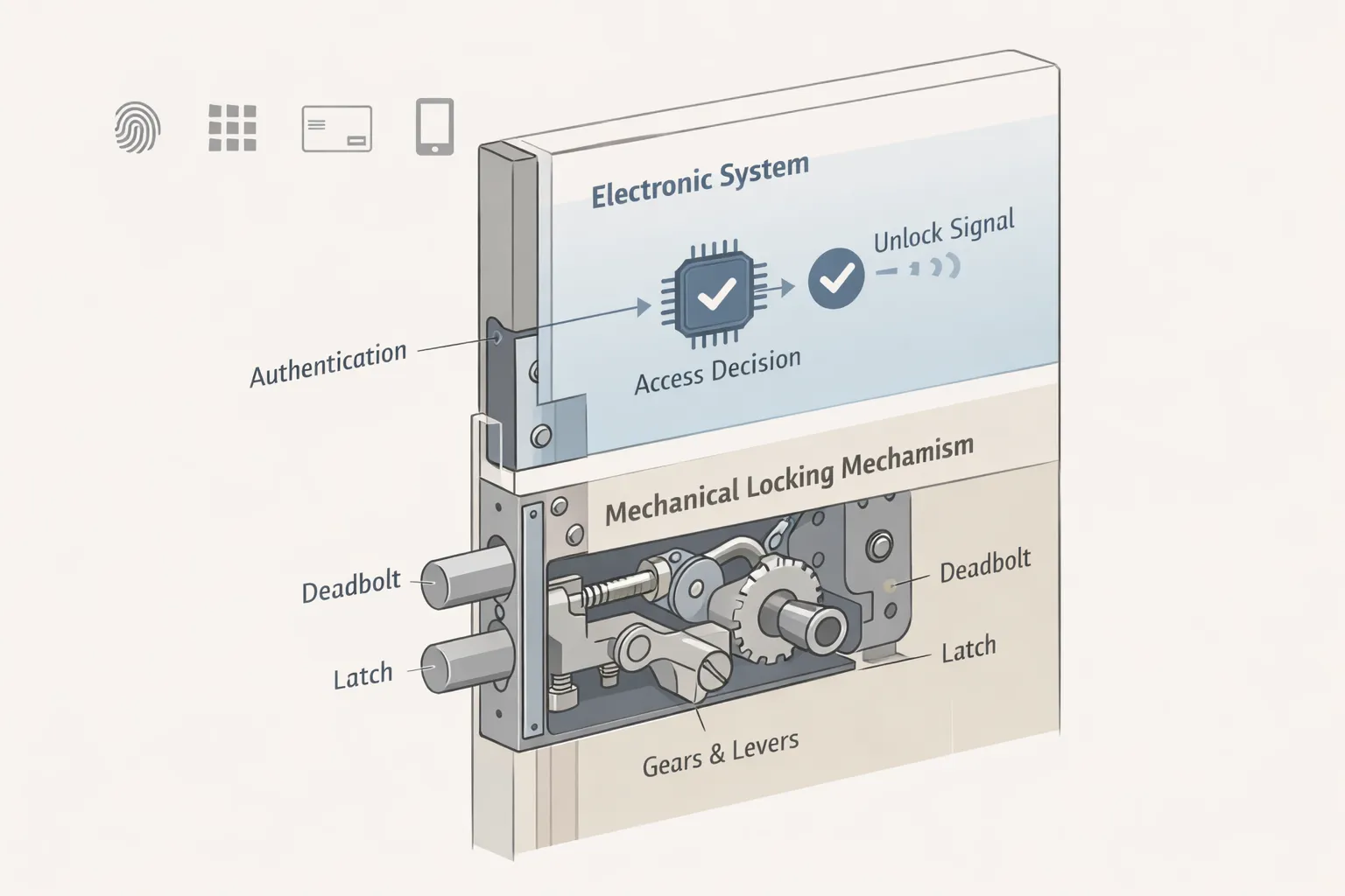 Схематичное сравнение электронного и механического дверного замка с акцентом на логику доступа и механическую часть