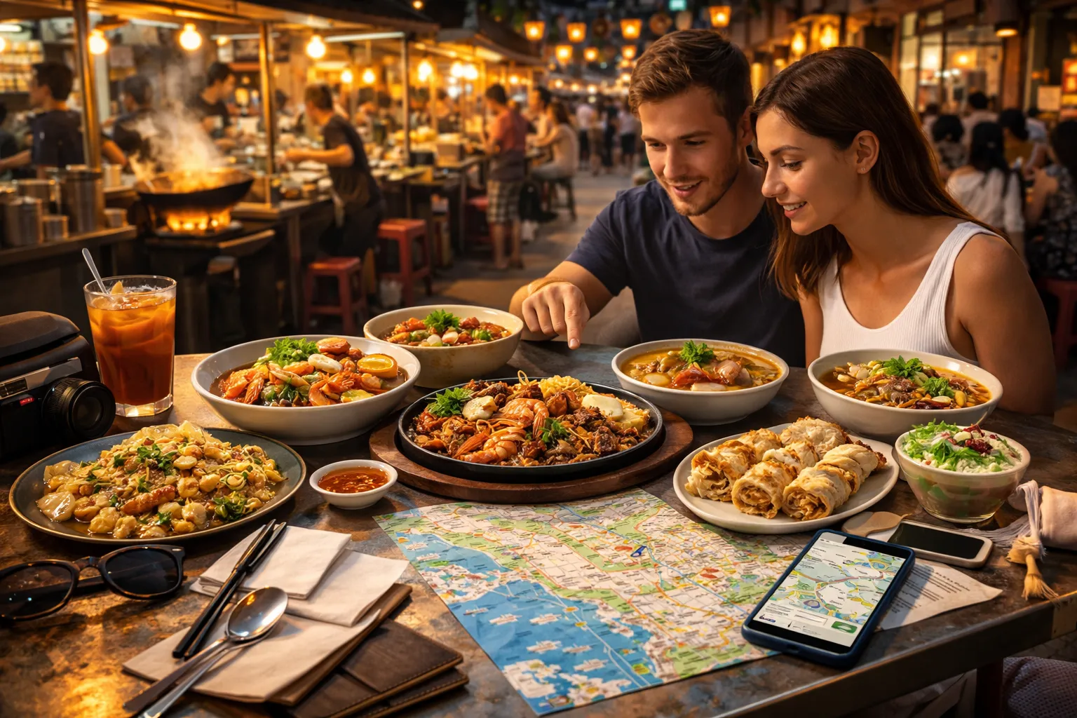 First-time visitors enjoying Penang hawker food at a lively hawker center with iconic local dishes on the table