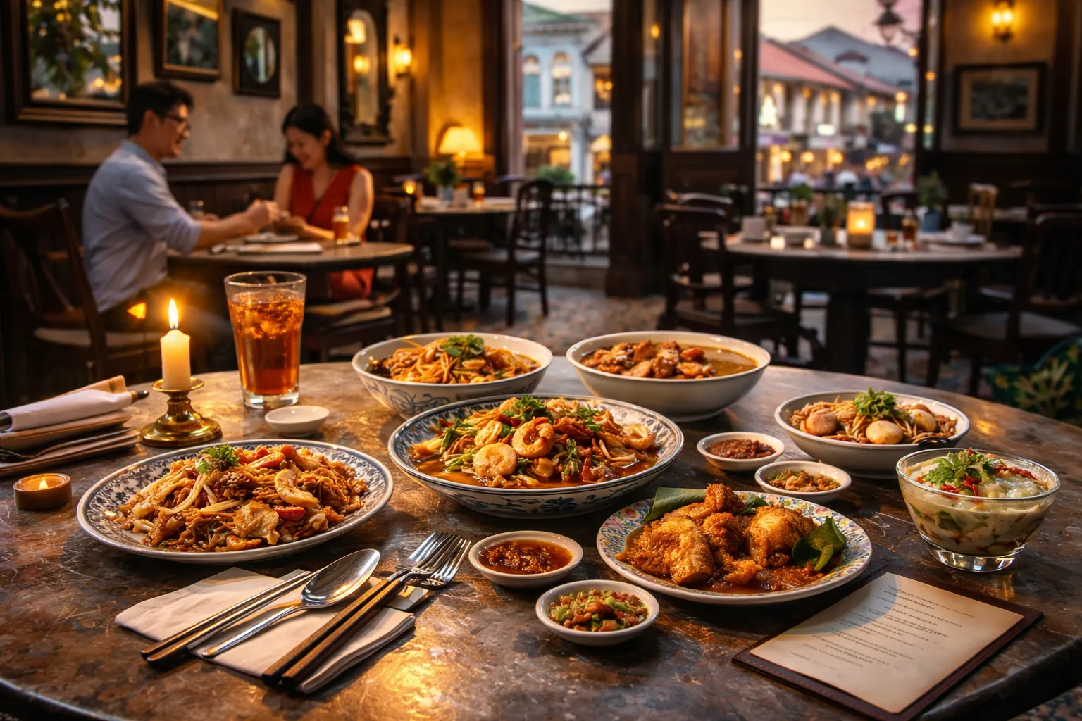 Table filled with famous George Town, Penang dishes in a stylish heritage restaurant setting