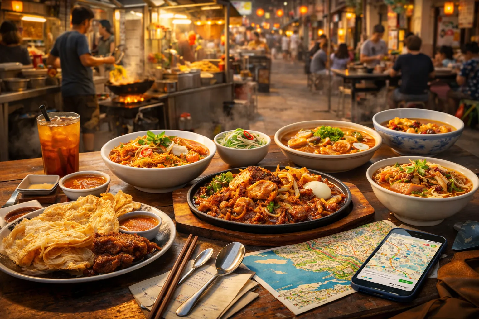Penang food guide featuring iconic local dishes including char koay teow, assam laksa, nasi kandar, curry mee, roti canai, and Penang street food in George Town