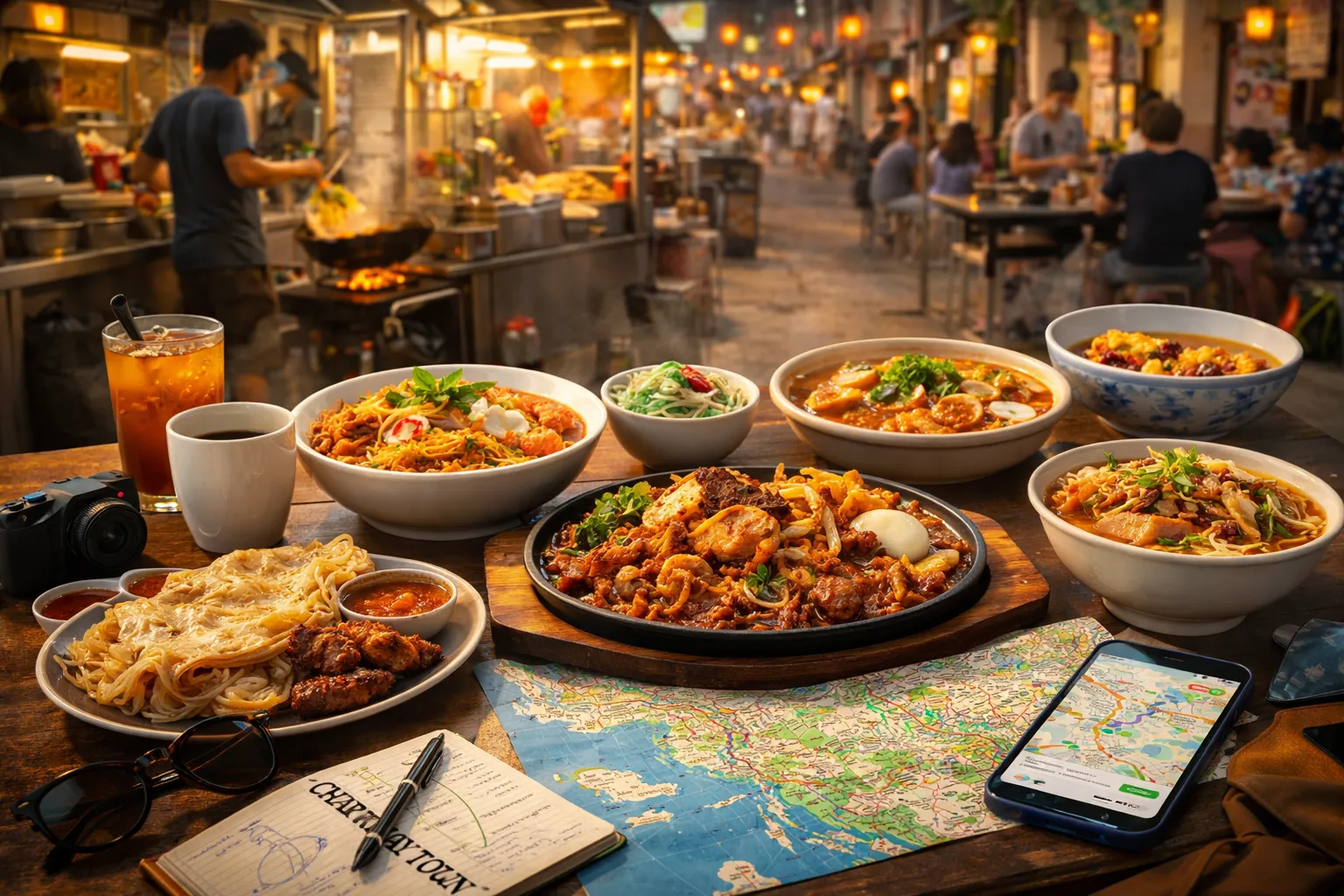 Penang food map showing George Town food areas, hawker centers, street food zones, and iconic dishes like char koay teow, assam laksa, curry mee, and cendol