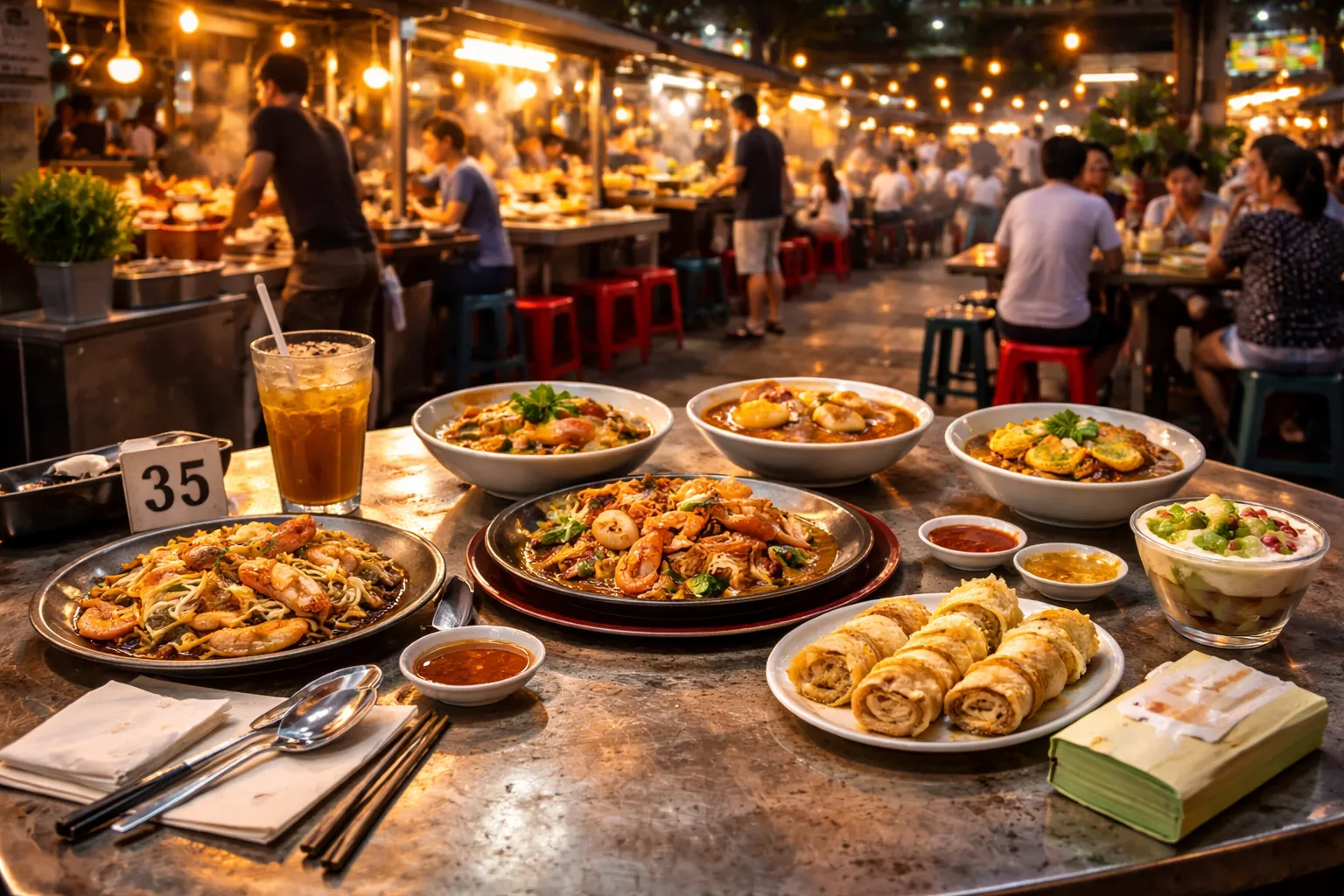 Busy Penang hawker center with locals eating iconic street food dishes in a lively open-air setting