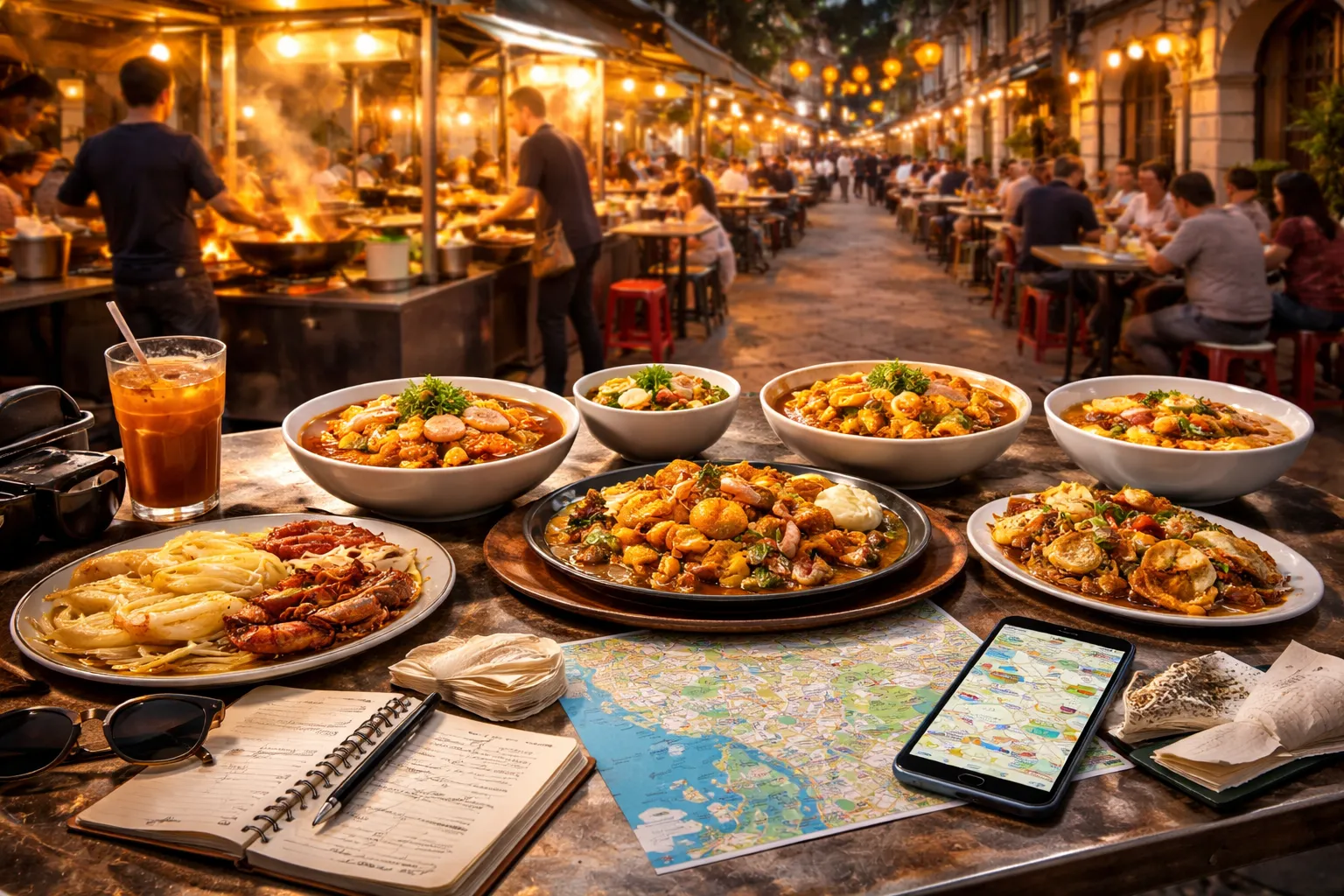 A Penang street food table in George Town filled with char kway teow, assam laksa, curry mee, nasi kandar, cendol, and other local hawker dishes