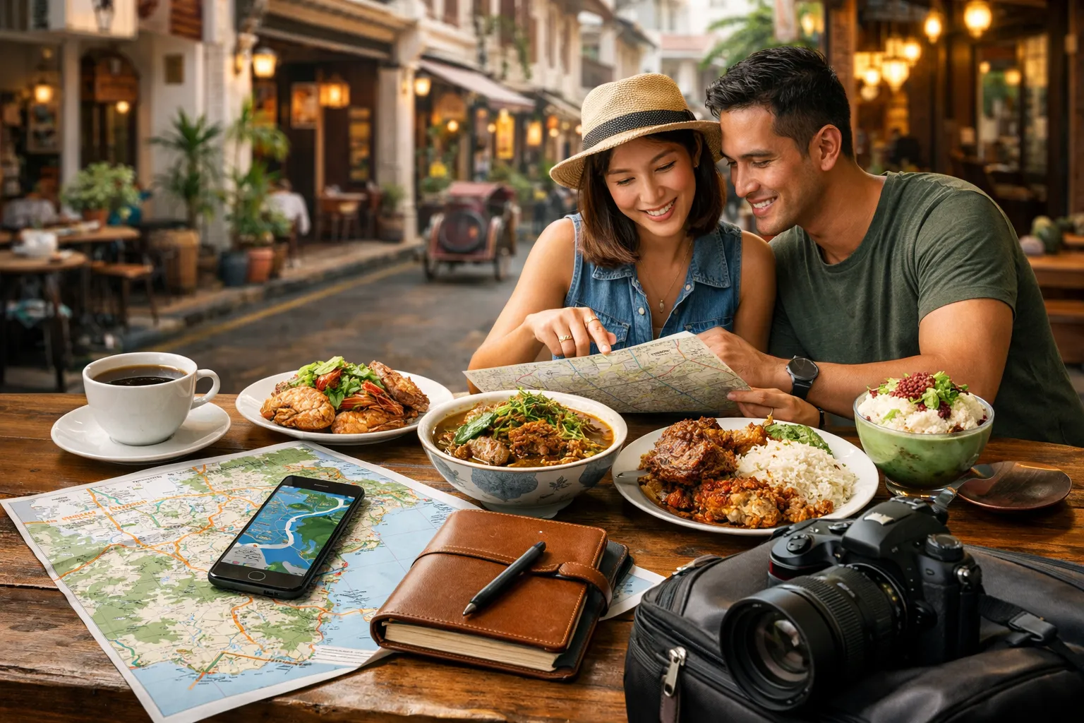 Penang travel planning scene with George Town heritage streets, famous street food dishes, and hotel stay options for first-time visitors