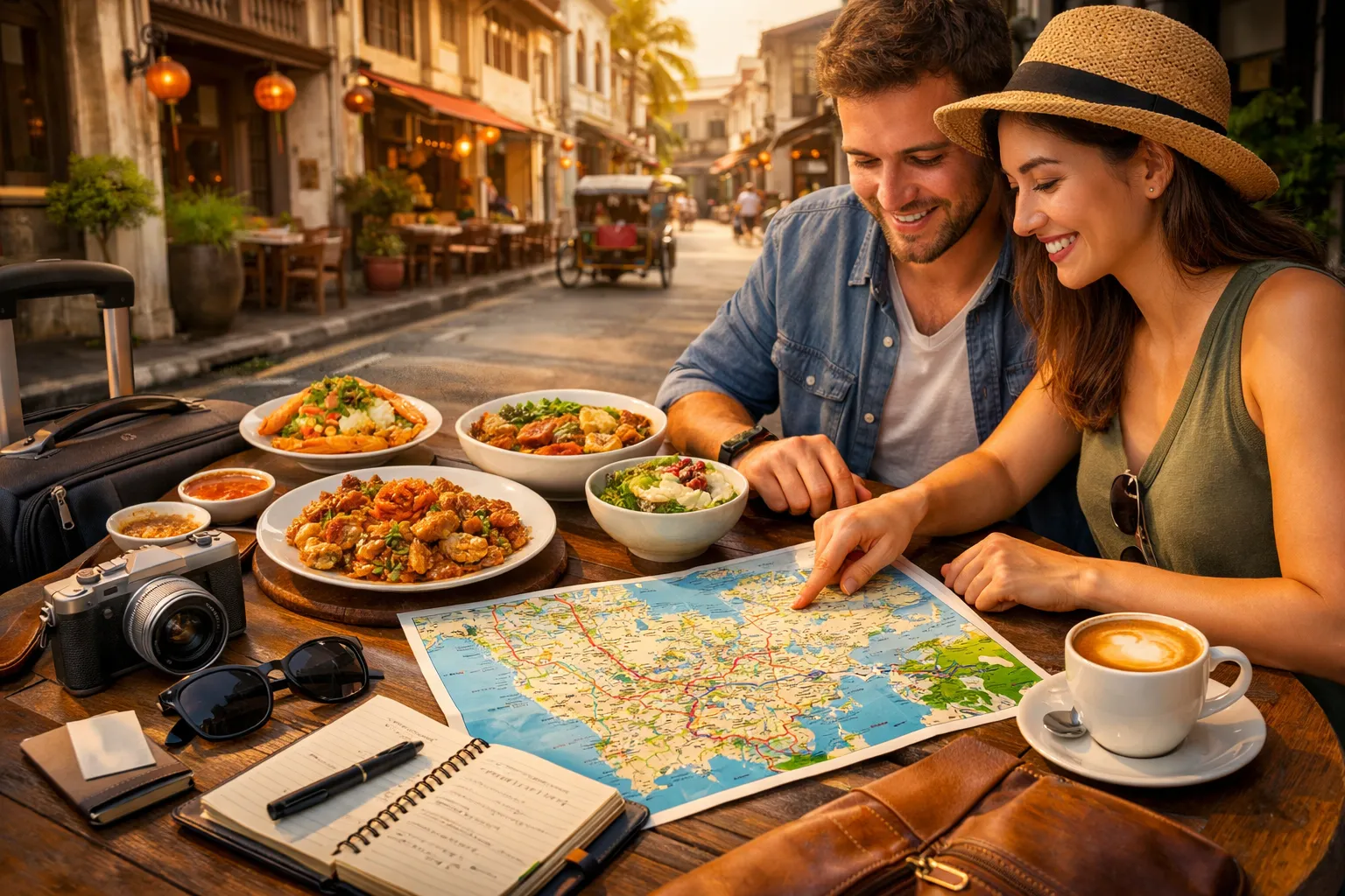 Traveler planning a Penang trip with George Town heritage streets, Penang street food, boutique stay, and top attractions in one scene