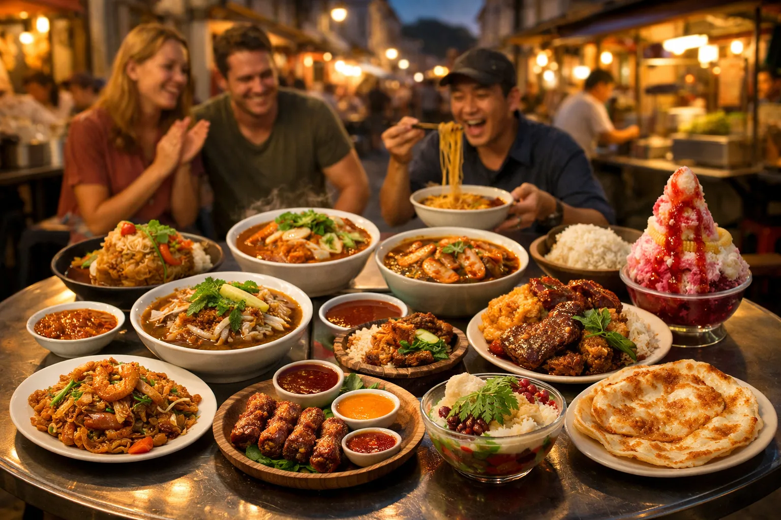 Top food in Penang featuring char koay teow, assam laksa, nasi kandar, cendol, and other must-try local dishes