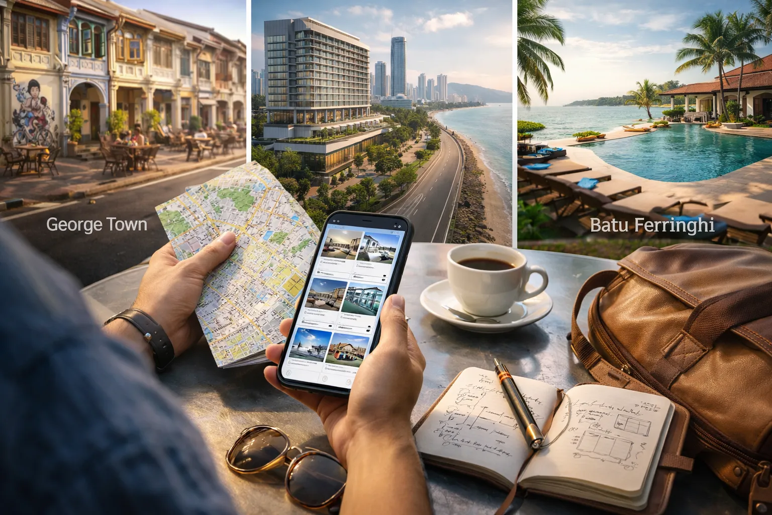 Penang accommodation guide showing George Town heritage hotels, Batu Ferringhi beach resorts, and the best areas to stay in Penang